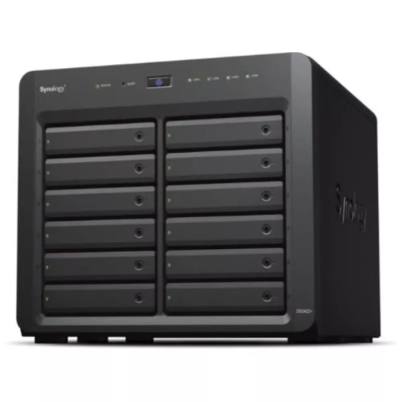 NAS Synology DS2422+; torre; 12x (3,5 SATA HDD/2,5 SATA HDD/2,5 SATA SSD); AMD Ryzen V1500B;,4 GB DDR4 (máx. 32GB),4 x 1GbE RJ-45