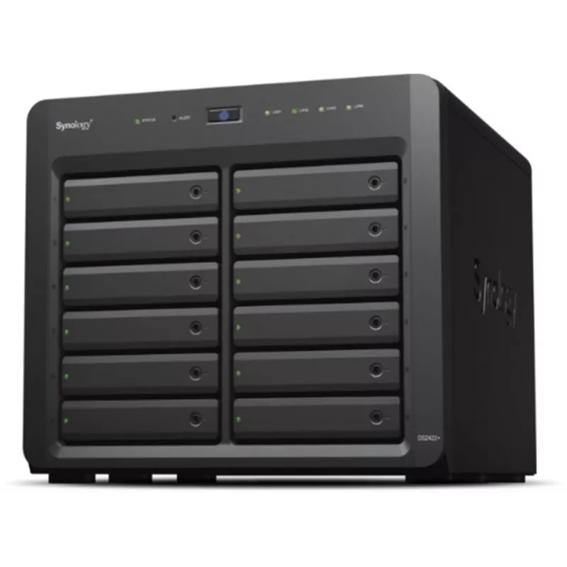 NAS Synology DS2422+; torre; 12x (3,5 SATA HDD/2,5 SATA HDD/2,5 SATA SSD); AMD Ryzen V1500B;,4 GB DDR4 (máx. 32GB),4 x 1GbE RJ-45