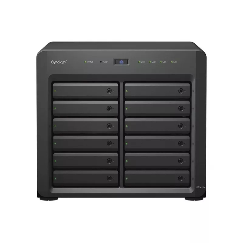 NAS Synology DS2422+; torre; 12x (3,5 SATA HDD/2,5 SATA HDD/2,5 SATA SSD); AMD Ryzen V1500B;,4 GB DDR4 (máx. 32GB),4 x 1GbE RJ-45