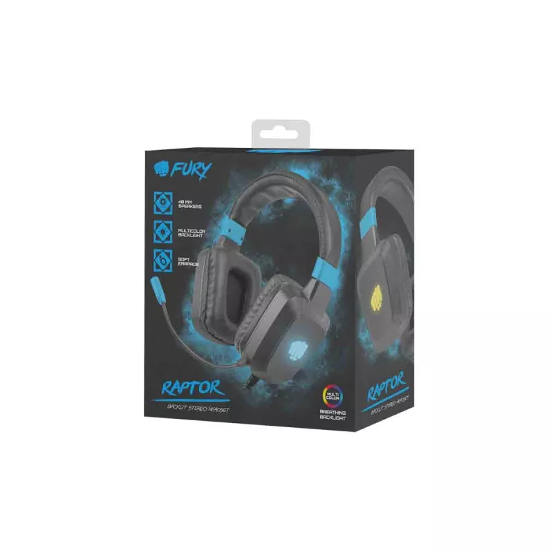 Auriculares gaming con cable Fury NFU-1584 con micrófono de diadema, circumaurales, 98 dB, 15–25000 Hz, cable de 2 m, USB y 3,5 mm, azul