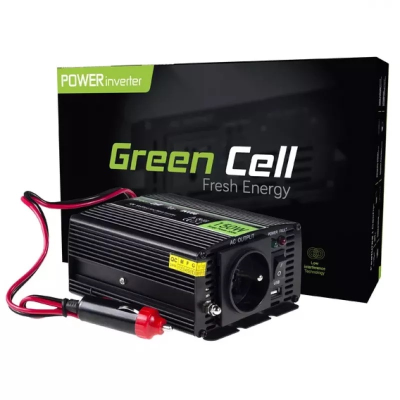 Adaptador inversor Green Cell INV06 12V a 230V 150W 50Hz conector Type-C macho, 85% de eficiencia, negro