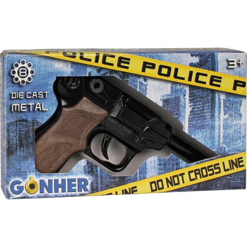 Revólver de policía de juguete de metal Gonher 8 disparos, construcción de metal, modelo 258441