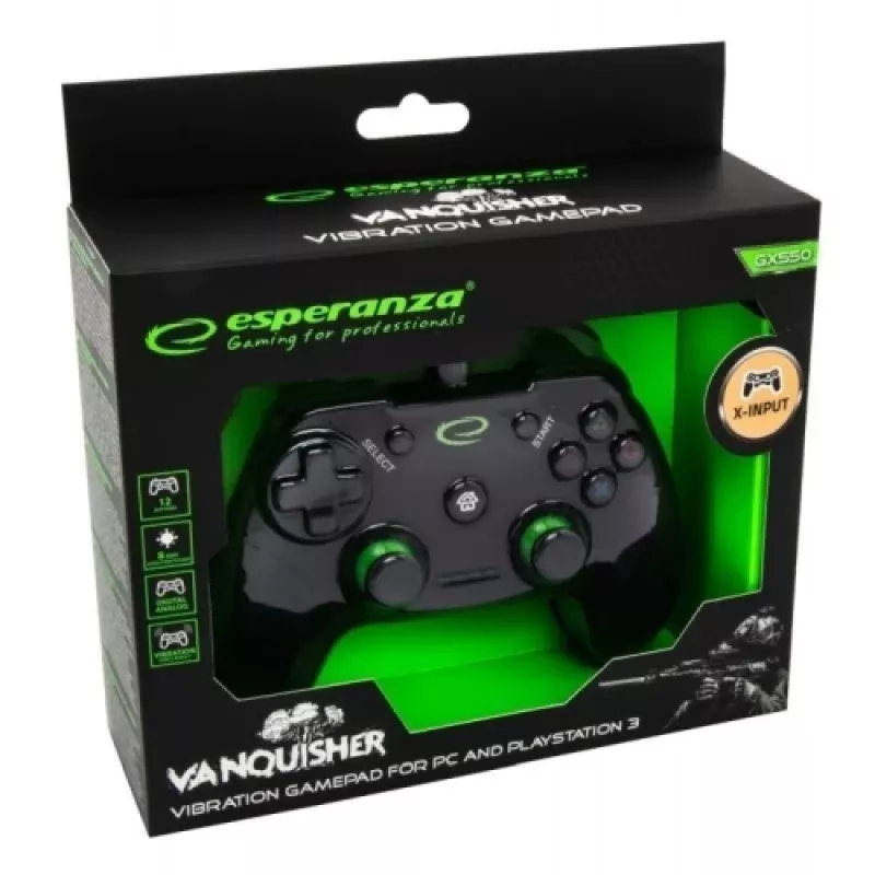 Esperanza EGG110K Vanquisher mando USB con cable para PC/PS3, con vibración, 12 botones, 2 sticks analógicos, negro/verde