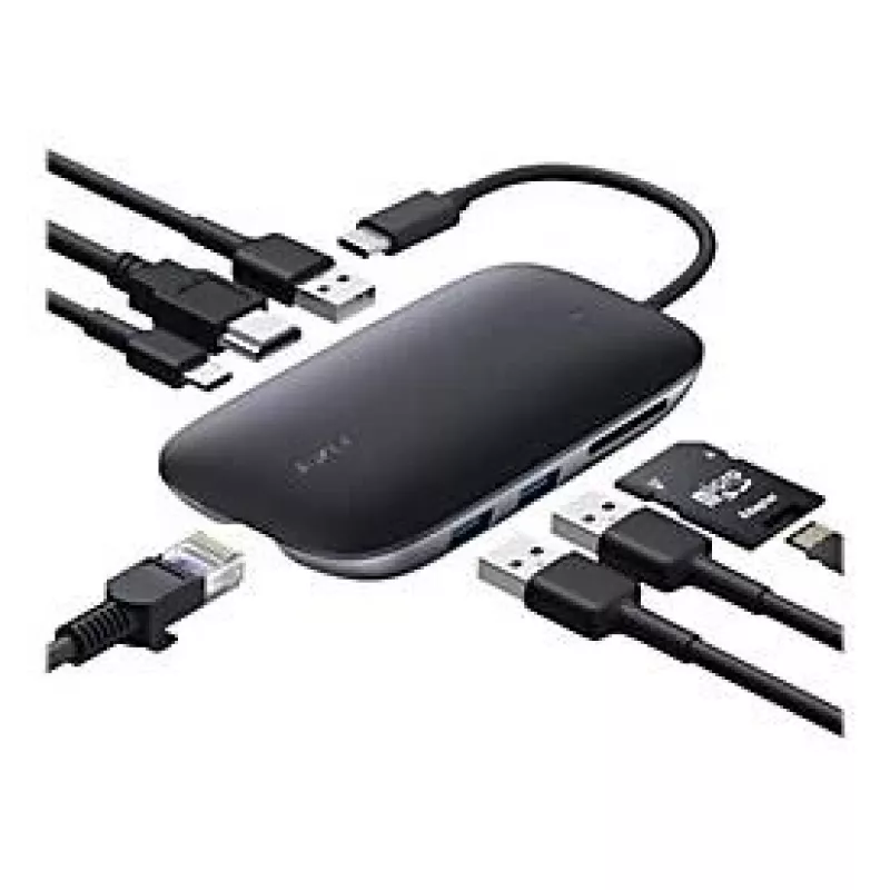 AUKEY CB-C71 hub USB-C 8 en 1, 3x USB-A 3.0, HDMI 4K@30Hz, Gigabit RJ45, SD/microSD, USB-C PD 100 W, cable de 0,15 m, aluminio, negro