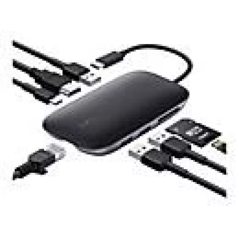 AUKEY CB-C71 hub USB-C 8 en 1, 3x USB-A 3.0, HDMI 4K@30Hz, Gigabit RJ45, SD/microSD, USB-C PD 100 W, cable de 0,15 m, aluminio, negro