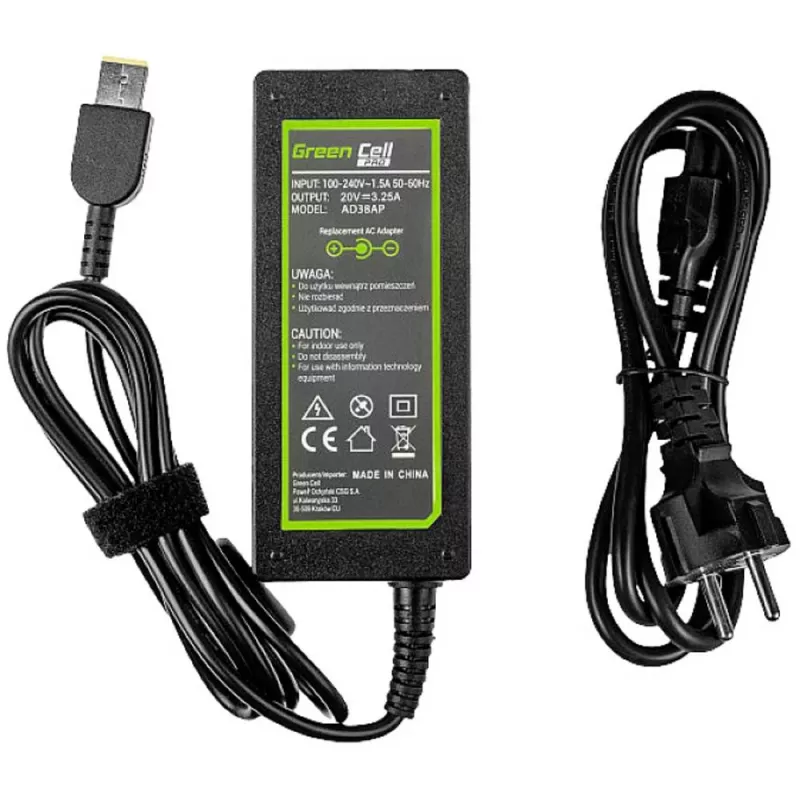 Adaptador de corriente Green Cell AD38AP 65W para portátiles Lenovo, 20V 3,25A, cable de 1,2 m, negro