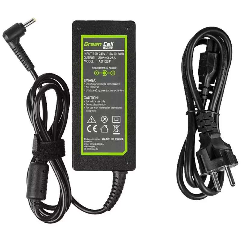 Fuente de alimentación Green Cell AD123P 65 W 20 V 3,25 A para Lenovo, para interior, negro, cable de 2 m