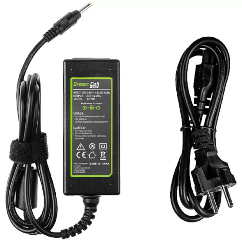 Adaptador de corriente Green Cell AD76P 45W para portátiles Lenovo, 20V 2,25A, de CA a CC, entrada 100–240V, negro