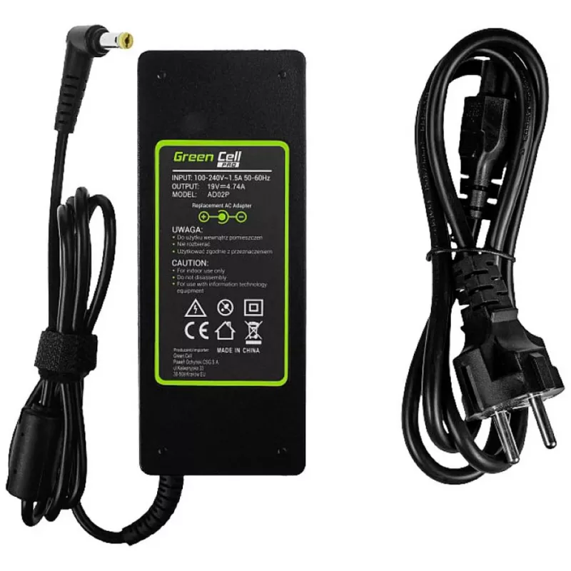 Adaptador de corriente para portátil Green Cell AD02P 90W 19V 4,74A de CA a CC para interior, negro