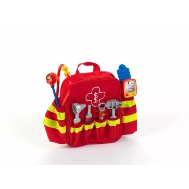 Theo Klein 4314 mochila de rescate de juguete con 6 accesorios médicos, incl. estetoscopio, jeringa, tensiómetro, 3+ años, roja