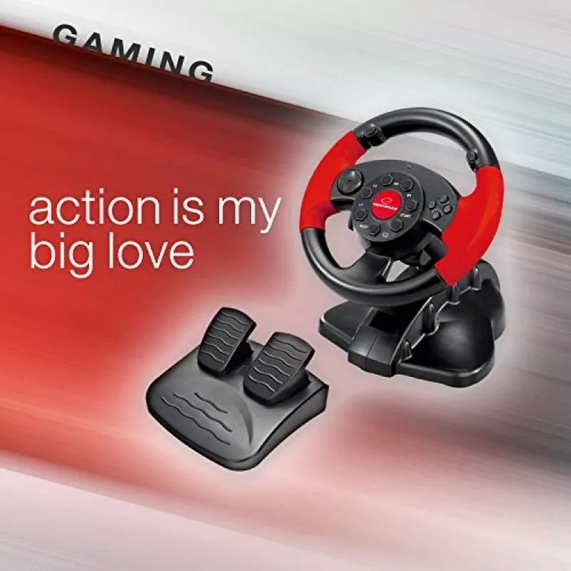 Volante ESPERANZA EG103 mando gaming — PC/PS2/PS3, 13 botones, vibración, sensor de aceleración, negro/rojo
