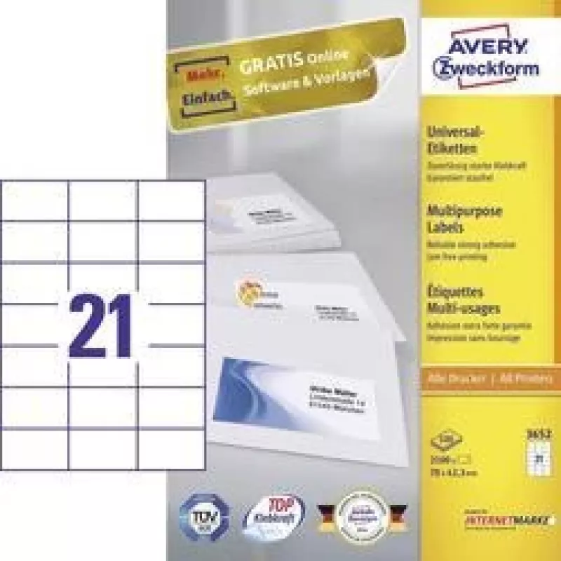 Avery - Etiquetas - Blanco - 42,3 x 70 mm, 2100 etiquetas (100 hojas x 21) (3652)