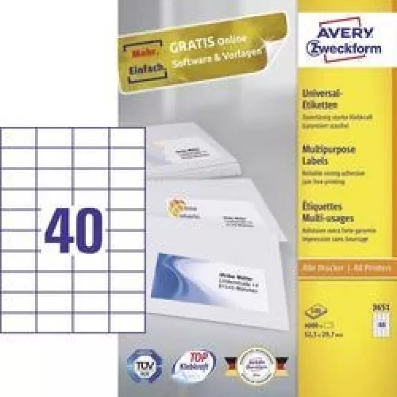Avery Zweckform 3651 Etiquetas universales 52,5 x 29,7 mm 100 hojas Blanco