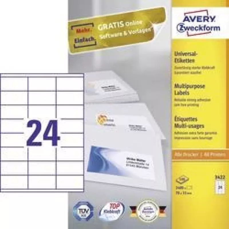 Etiquetas universales 70x35mm InkjetLaserCopy A4 100 hojas 2400 uds. Blanco
