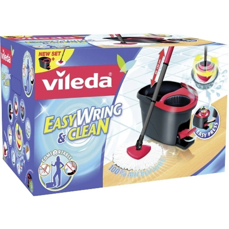 Fregona VILEDA EasyWring & Clean Turbo, cubo de tecnopolímero rojo, funda de microfibra lavable extraíble, para suelos duros