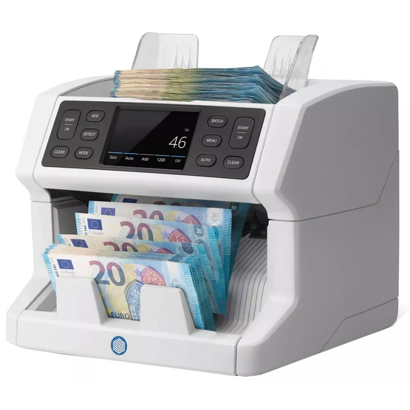 Safescan 2850 contador de billetes con detección de falsos (UV, magnético, tamaño), 1500 billetes/min, pantalla táctil, blanco