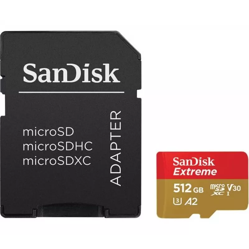 Tarjeta de memoria MicroSDHC SANDISK Extreme 512 GB UHS-I A1 V30 U3 Clase 10, lectura 190 MB/s, escritura 130 MB/s, incl. adaptador SD