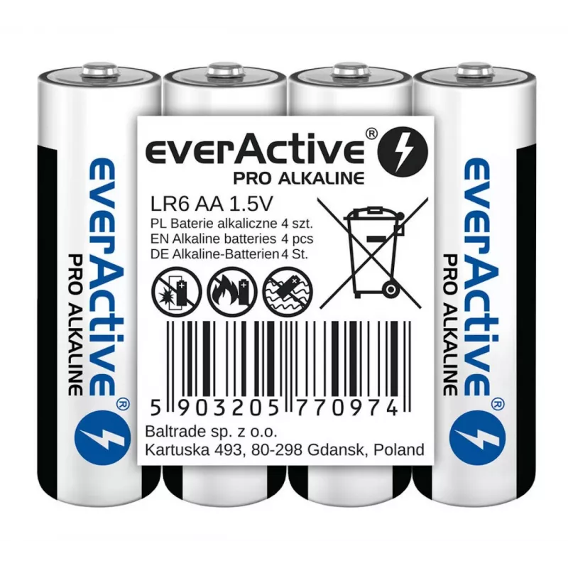 Pilas alcalinas everActive LR6 AA pack de 4 — 1,5 V, 3000 mAh, 50,5 × 14,5 mm