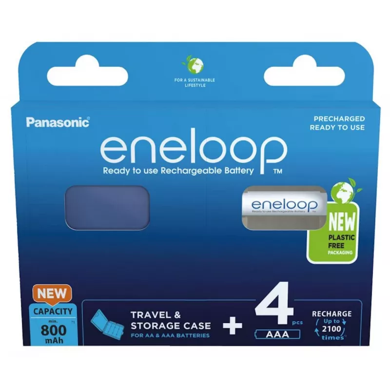 Baterías recargables PANASONIC ENELOOP AAA 800 mAh 4 uds. + estuche (BK-4MCDE/4CP+CASE)