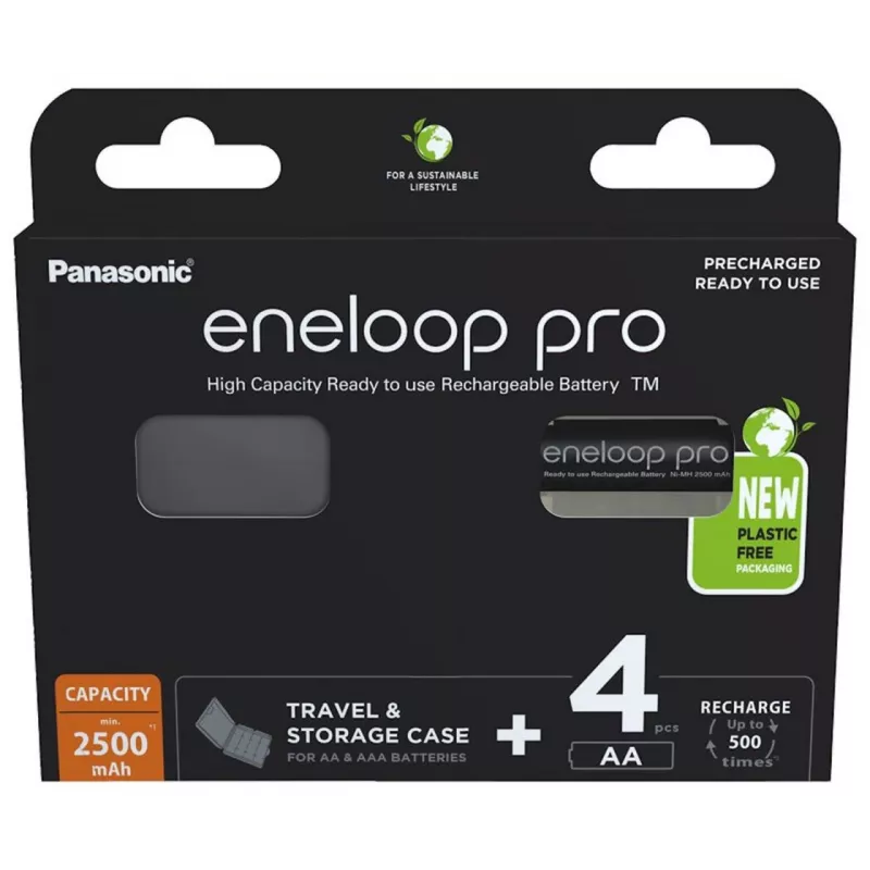 Baterías PANASONIC ENELOOP PRO AA 2500 mAh 4 uds. + estuche (BK-3HCDE/4CP+CASE)
