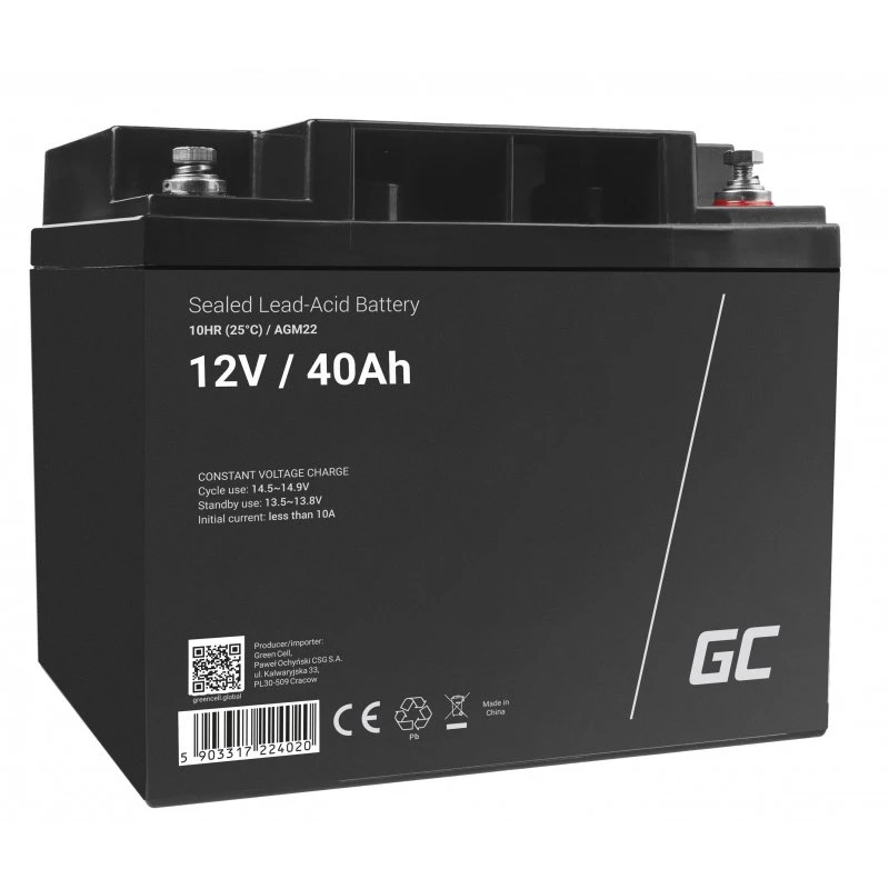 Green Cell AGM22 batería para SAI, AGM de plomo-ácido sellada (VRLA), 12 V 40 Ah, 170 x 165 mm, 12,1 kg, negra