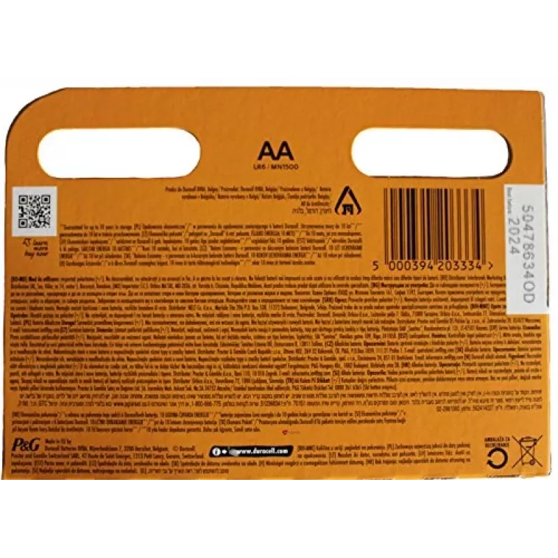 Pila doméstica Duracell pila desechable AA alcalina