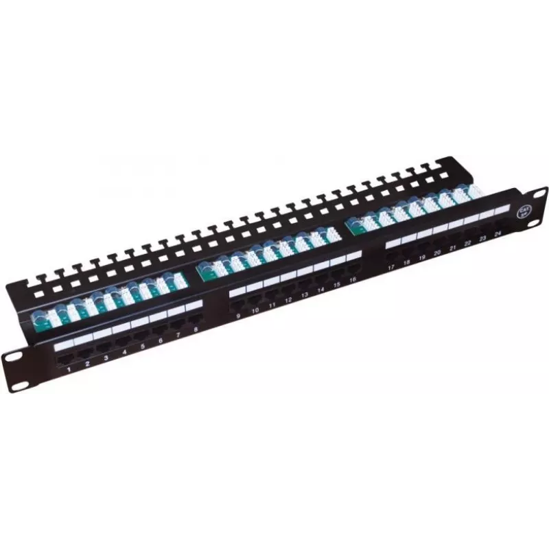 Alantec PK013 panel de parcheo 19" 1U, 24x RJ-45, Cat5e UTP, LSA, con bandeja, negro