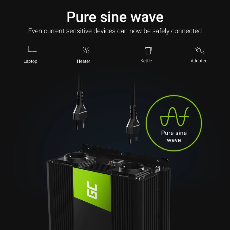 Inversor para coche Green Cell INV21 6000 W, 24V DC-AC, salida 230V, 2x USB PD, refrigeración activa, conectores DC desmontables, negro