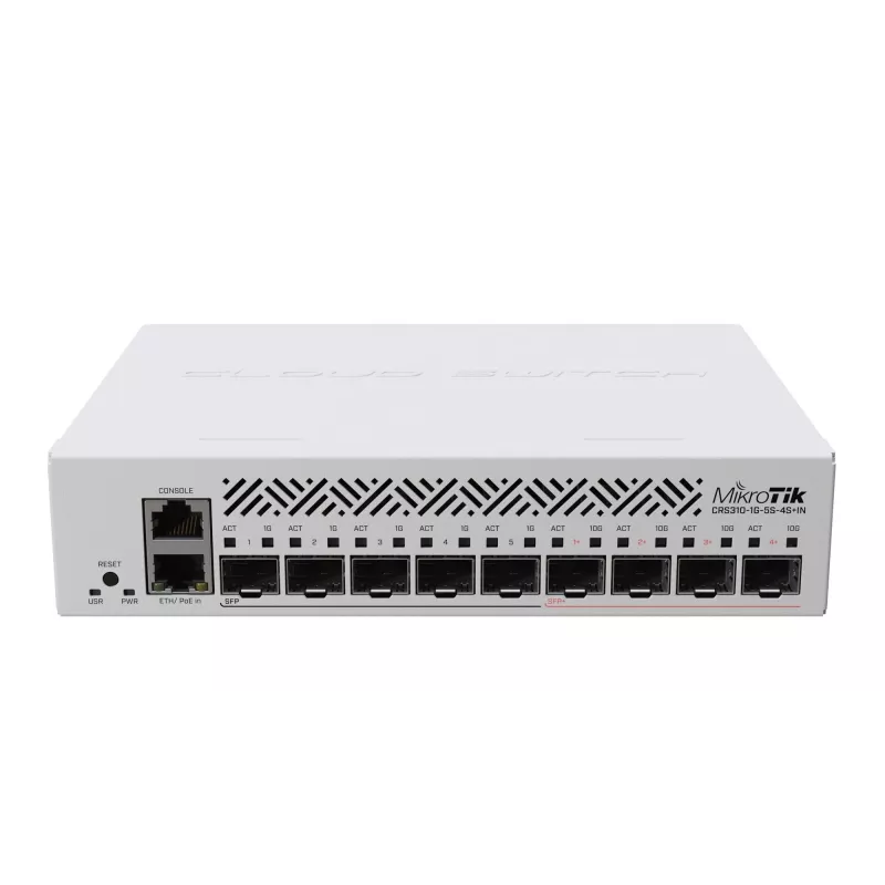 Switch de red gestionado L3 MikroTik CRS310-1G-5S-4S+IN — 1U, 1x Gigabit, 5x SFP, 4x SFP+, 10G, DC/PoE 18–57V, 20W máx.
