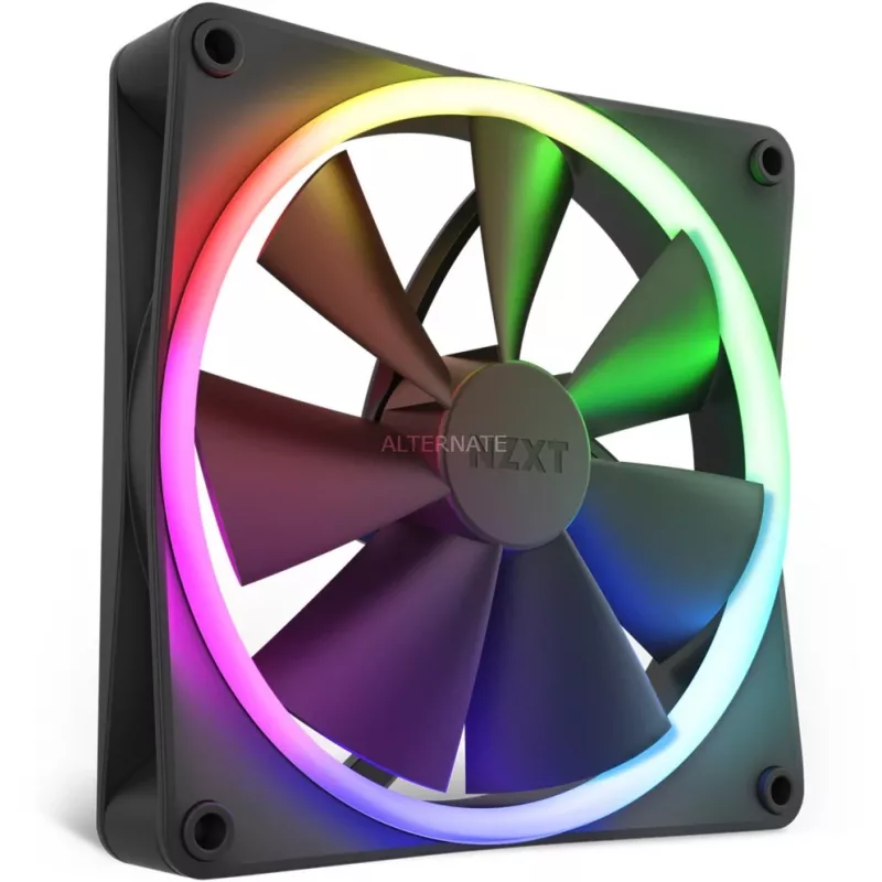 Ventilador de carcasa NZXT F140 RGB 14 cm, negro, 500–1800 rpm, rodamiento hidrodinámico, 4 pines, 18 LED