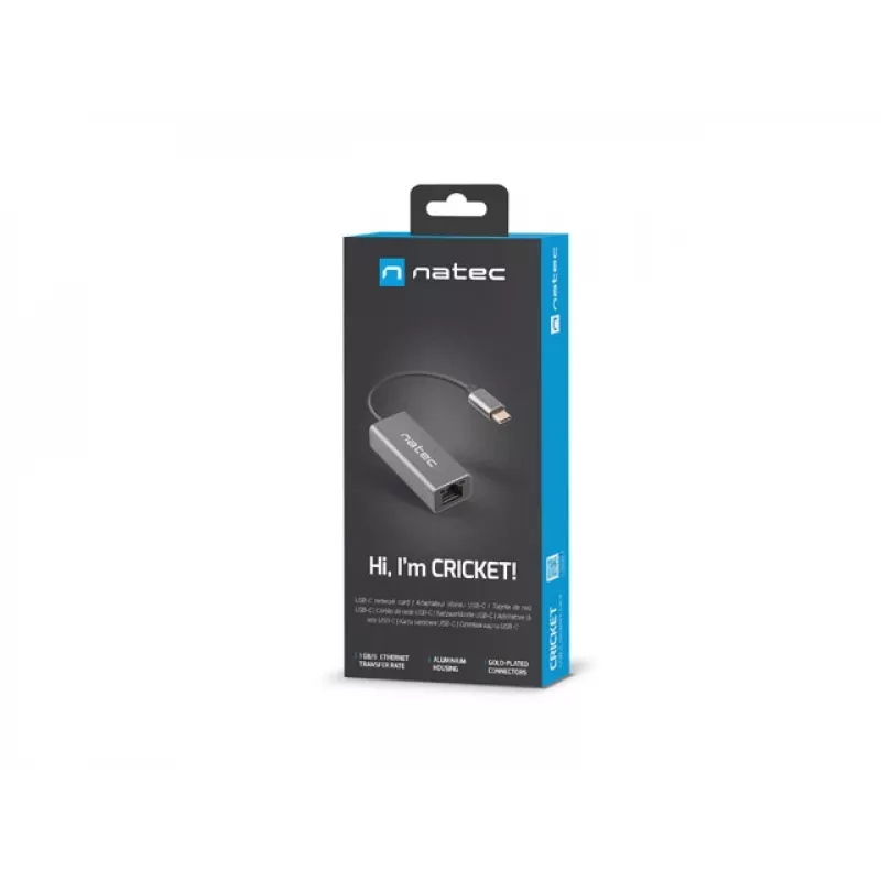 Natec Cricket NNC-1925 adaptador Ethernet de USB-C 3.1 Gen 1 a RJ45, 1000 Mbit/s, cable de 15 cm, aluminio, gris