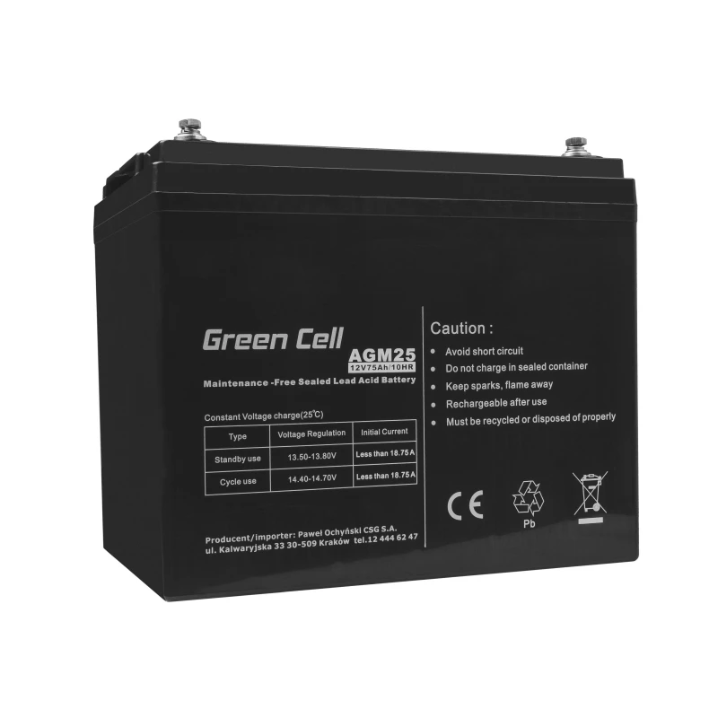 Batería para SAI de plomo-ácido sellada Green Cell AGM25 12 V 75 Ah, VRLA, 75 Ah, 12 V, 21,3 kg