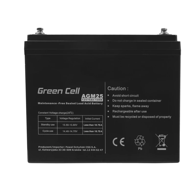 Batería para SAI de plomo-ácido sellada Green Cell AGM25 12 V 75 Ah, VRLA, 75 Ah, 12 V, 21,3 kg