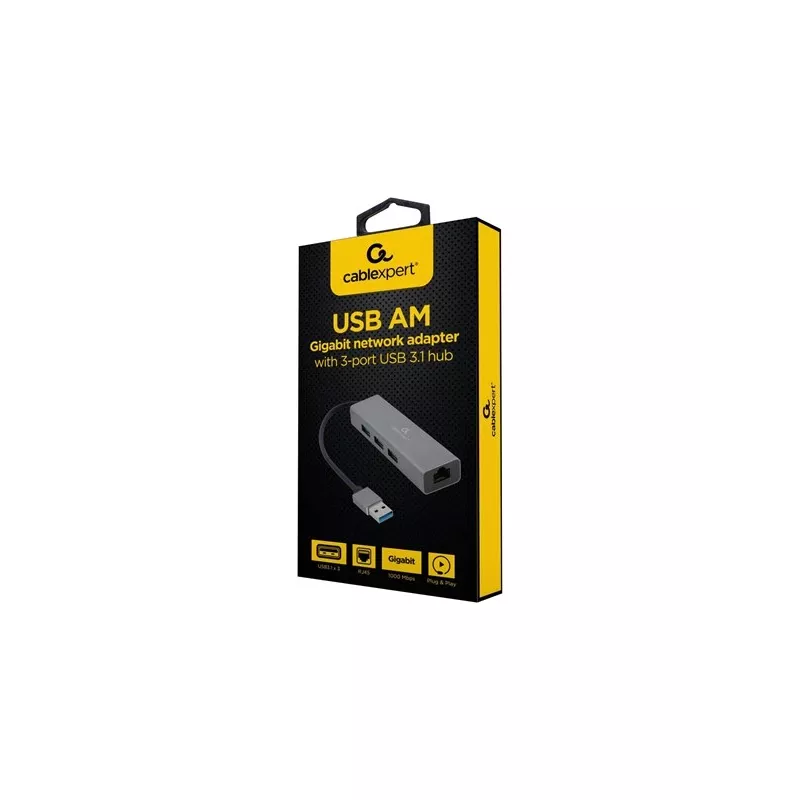Gembird A-AMU3-LAN-01 adaptador USB-A a Gigabit LAN con hub USB 3.0 de 3 puertos, negro