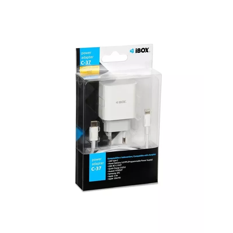 Cargador rápido USB Type-C de interior IBOX C-37, 20W, USB‑C PD 3.0, salida 3 A, blanco