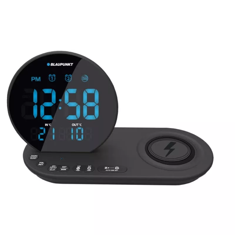 Radio reloj FM PLL/ALARMA/USB/CR85BK CARGA/Carga inalámbrica/temperatura interior/exterior/negro