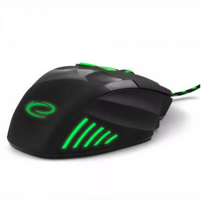 Ratón gaming con cable ESPERANZA EGM201G — para diestros, óptico 2400 DPI, 7 botones, USB Type-A, cable 1,5 m, negro/verde