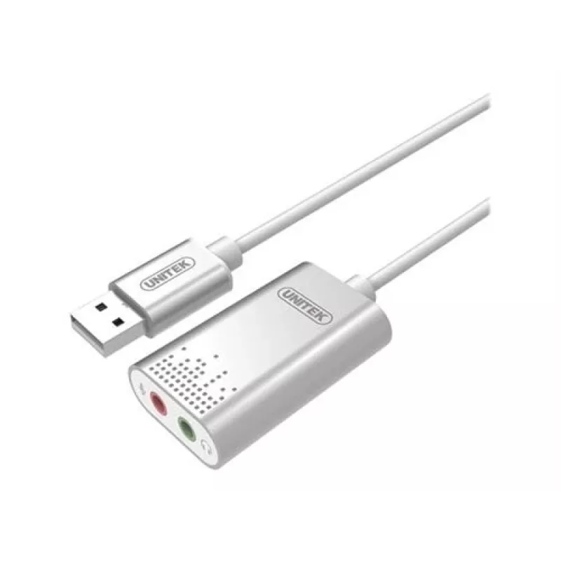 Unitek Y-247A tarjeta de sonido USB estéreo, USB 2.0 tipo A a 2x minijack de 3,5 mm, aluminio, 47 x 28 mm, plateada