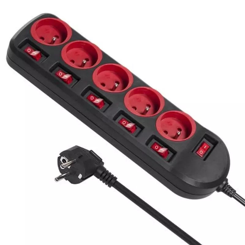 Alargador eléctrico MACLEAN MCE204 cable de 1,5 m, 5 tomas de CA, interior, negro/rojo