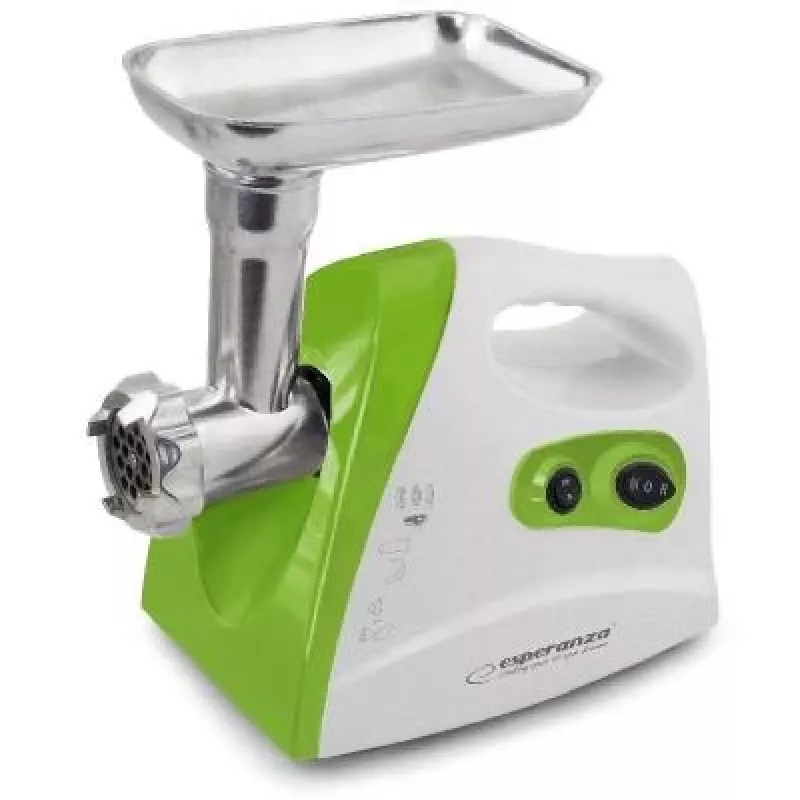 Picadora de carne ESPERANZA EKM012G — 600 W, cuchilla de acero inoxidable, embudo para embutidos, accesorio para kibbeh, marcha atrás, patas antideslizantes, blanca/verde