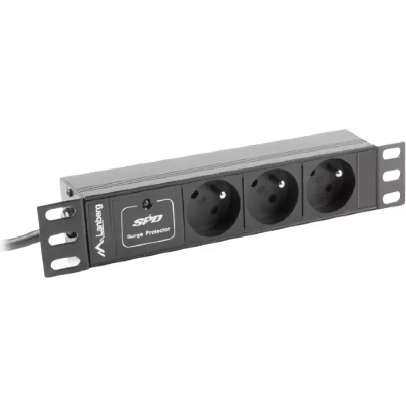 Regleta de enchufes LANBERG PDU-03E-0200-BK — 1HE, 3 tomas Type-E, 220–250 V, 16 A, cable de 2 m, negro