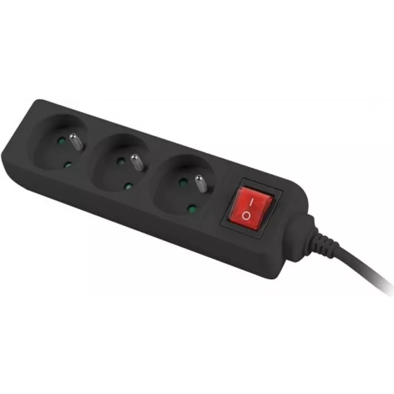 Regleta 3 m, negra, 3 tomas, con interruptor, cable de cobre macizo