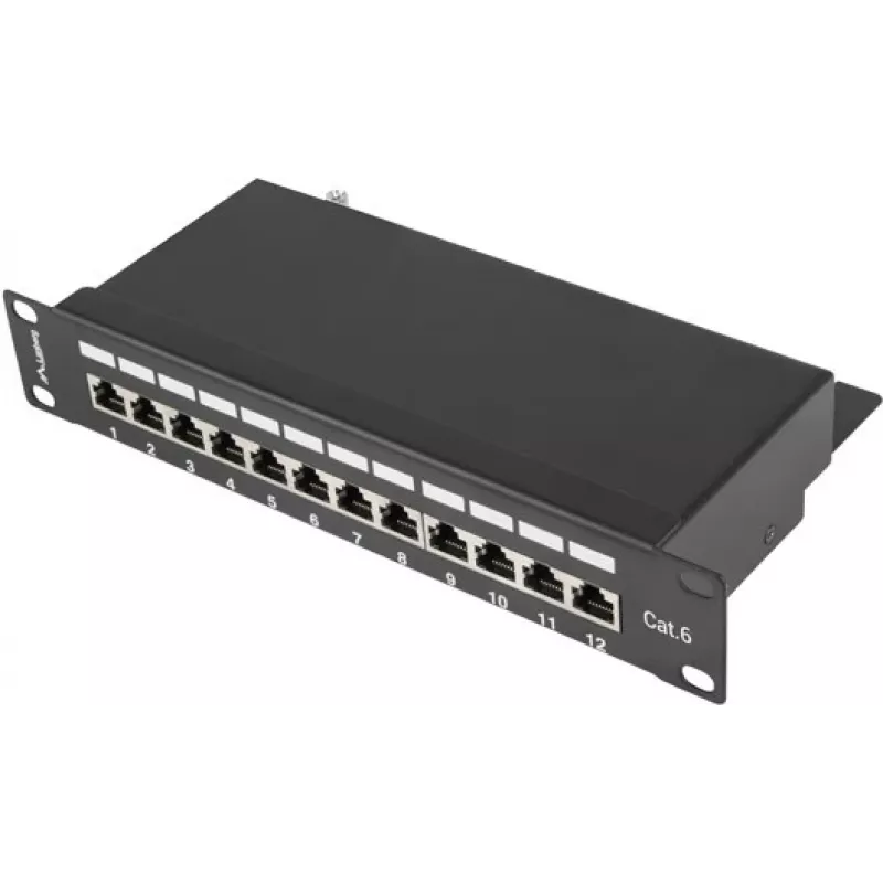 Patch panel LANBERG PPF6-9012-B — 12 puertos RJ45, metal, negro, 1U (215×44,5×130 mm)