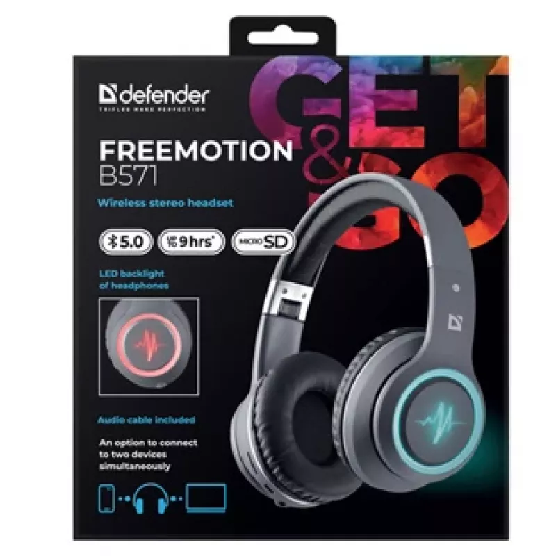 Auriculares DEFENDER FREEMOTION B571 LED inalámbricos binaurales, altavoces de 4 cm, batería de 6–8 h, diseño cerrado, 20–20000 Hz