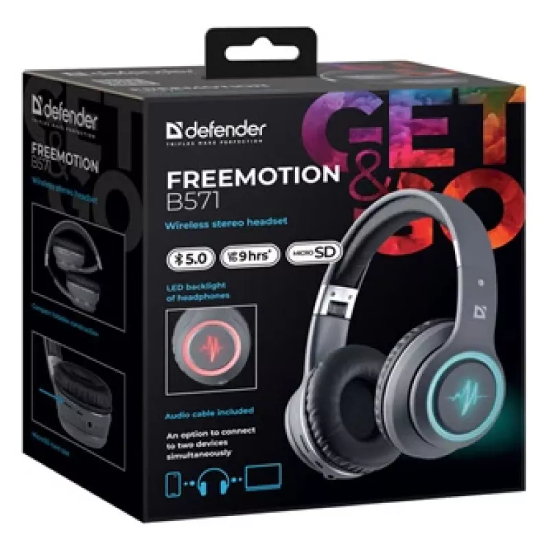 Auriculares DEFENDER FREEMOTION B571 LED inalámbricos binaurales, altavoces de 4 cm, batería de 6–8 h, diseño cerrado, 20–20000 Hz