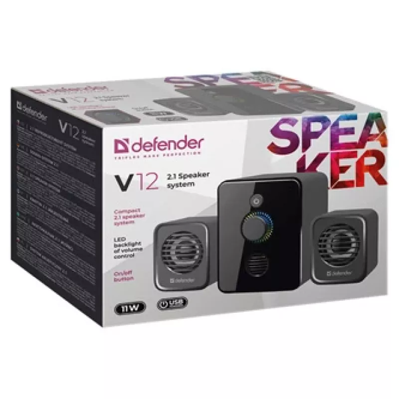 Defender V12 65212 altavoces para ordenador 2.1, 11 W, subwoofer de 5 W, alimentados por USB, retroiluminación LED, negros, 115 x 130 x 223 mm
