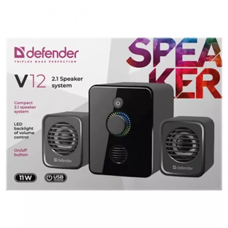 Defender V12 65212 altavoces para ordenador 2.1, 11 W, subwoofer de 5 W, alimentados por USB, retroiluminación LED, negros, 115 x 130 x 223 mm