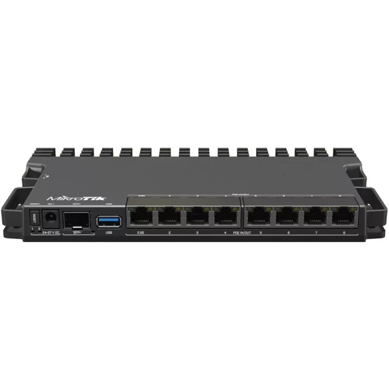 Router con cable MikroTik RB5009UPR+S+IN — 8x puertos RJ-45 PoE, 2,5GbE, ranura SFP+, RouterOS