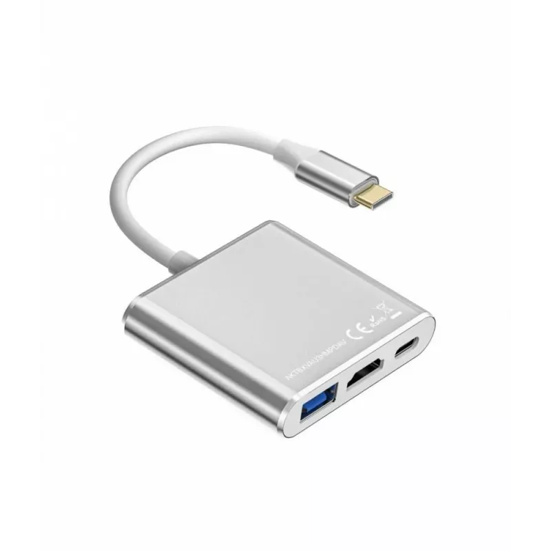 Adaptador hub USB-C TB AKTBXVAU3HMPDAV — 3 en 1: HDMI + USB-A + USB-C PD, plata
