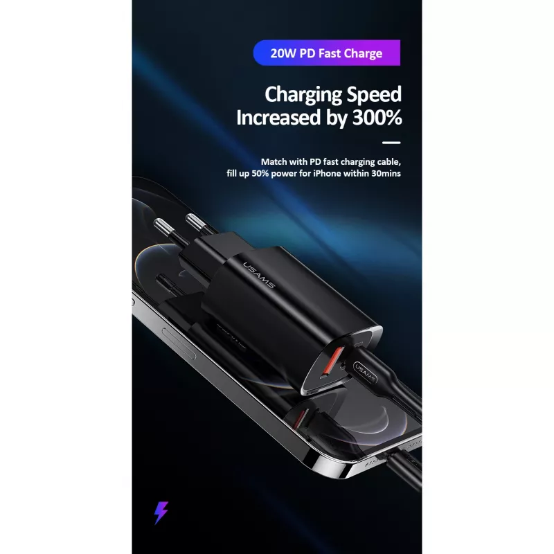 Cargador usams T35 20W PD3 USB-C a USB adaptador de carga rápida